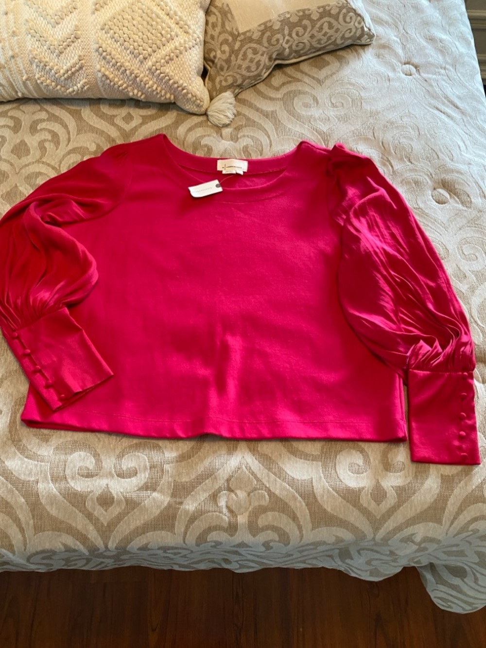 Anthropologie Fuchsia Blouse XL • Puff Sleeve Button Cuff Top • NWT - Picture 8 of 9